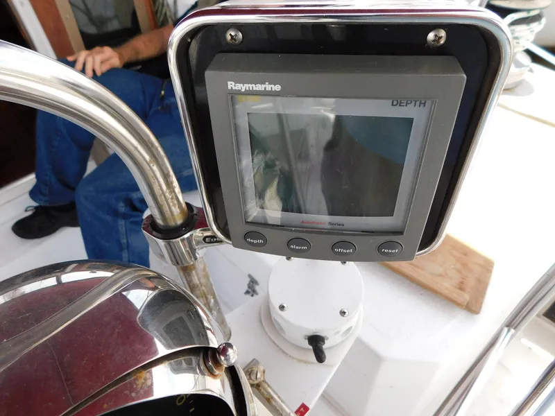 Slide: The Image of Raymarine depth gauge on 1984 Endeavour 35.5 Sloop sailboat cockpit. - 35
