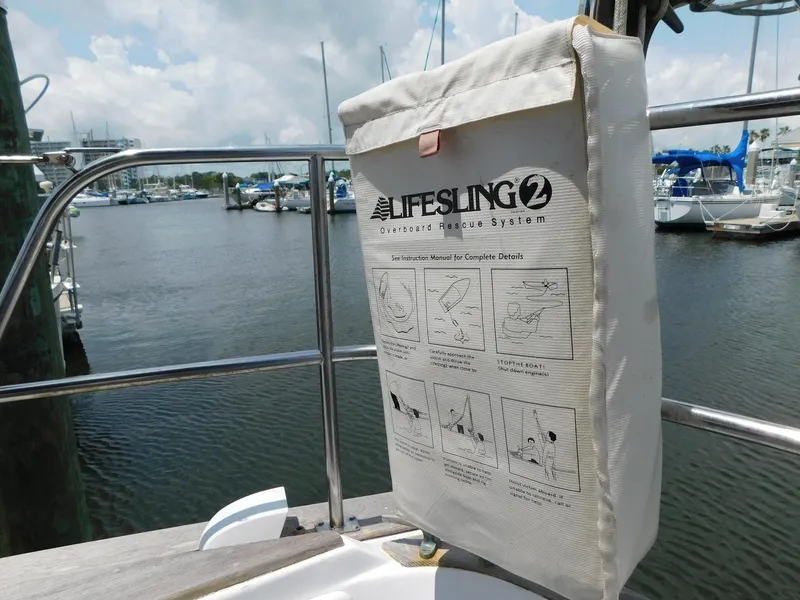 Slide: The Image of Lifesling 2 rescue system on 1984 Endeavour 35.5 Sloop, docked at marina. - 38