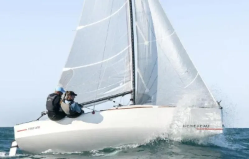 Slide: The Image of 2025 Beneteau First 18 SE sailboat navigating ocean waves. - 7