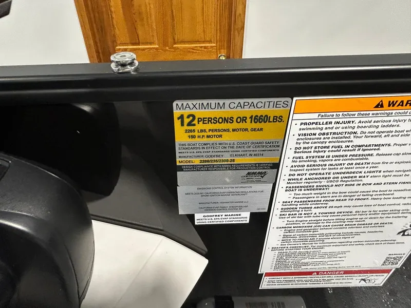 Slide: The Image of Capacity label on 2025 Godfrey SWEETWATER 2286 SFL, indicating 12 persons or 1660 lbs. - 15