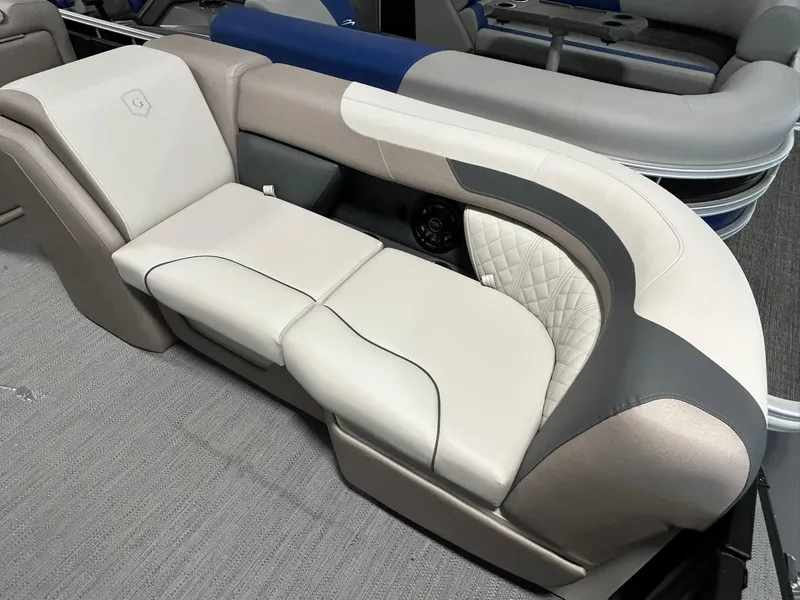 Slide: The Image of 2025 Godfrey SWEETWATER 2286 SFL boat seating, featuring modern beige and gray upholstery. - 5