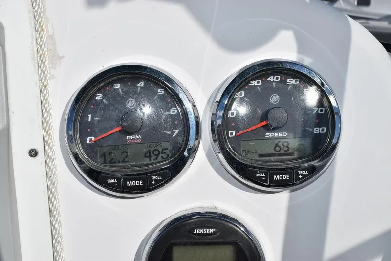 Slide: The Image of Close-up of 2016 Pro-Line 20 Express boat gauges displaying RPM and speed. - 49