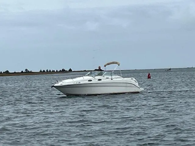 Slide: The Image of 2002 Sea Ray 260 Sundancer boat on calm water under cloudy sky. - 1
