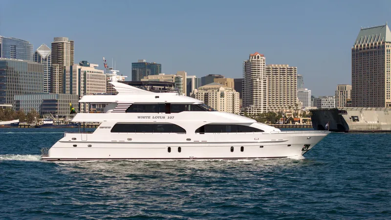 Slide: The Image of Luxury yacht President Sterling 2011 cruising near city skyline. - 1