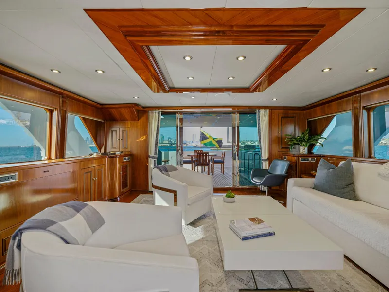 Slide: The Image of Luxurious yacht interior with elegant wood paneling, modern furniture, and ocean view. President Sterling 2011. - 18