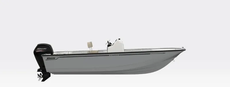 Slide: The Image of 2025 Boston Whaler 190 Montauk boat, side view, with Mercury outboard motor. - 10