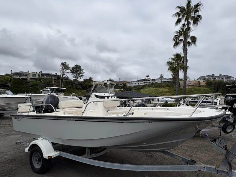 Slide: The Image of 2025 Boston Whaler 190 Montauk boat on trailer, parked outdoors near palm trees. - 5