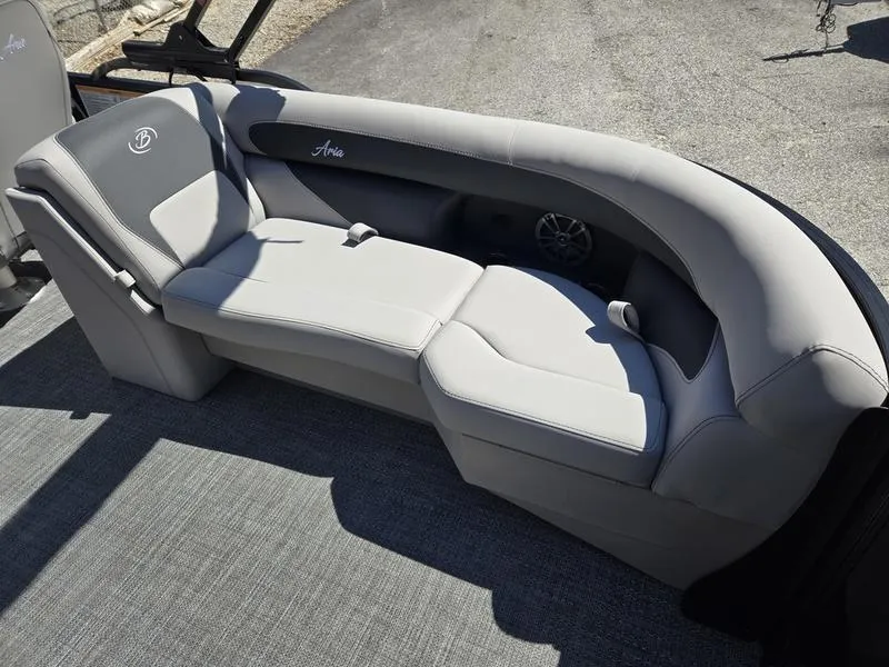 Slide: The Image of Luxurious seating on 2025 Barletta A22QC boat, featuring sleek gray upholstery and modern design. - 11