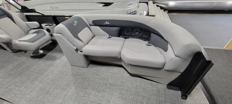 Slide: The Image of 2025 Barletta A20QC boat interior with gray seating and modern design. - 12