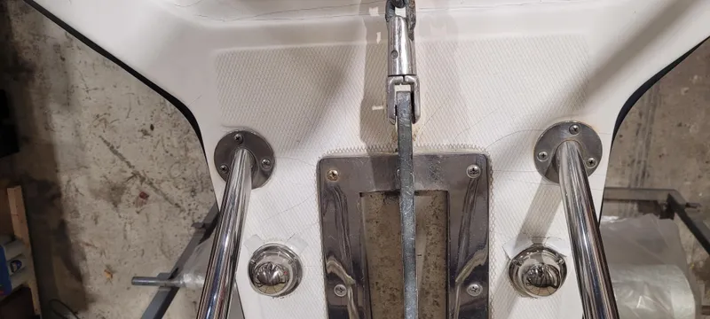 Slide: The Image of 1996 Albemarle 27 Express boat deck with stainless steel fittings and textured surface. - 39