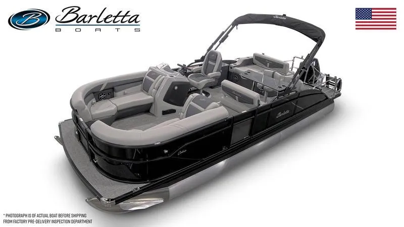 Slide: The Image of 2025 Barletta C24UE pontoon boat with sleek design and spacious seating. - 24