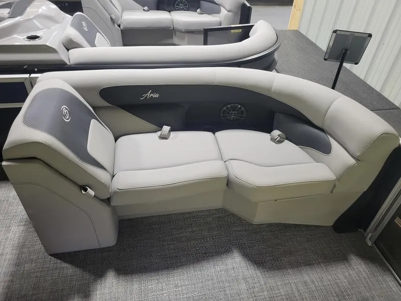 Slide: The Image of 2025 Barletta A20UC boat seating, gray upholstery, modern design, comfortable layout. - 14