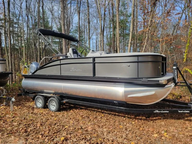 Slide: The Image of 2025 Barletta A20UC pontoon boat on trailer in autumn forest setting. - 15