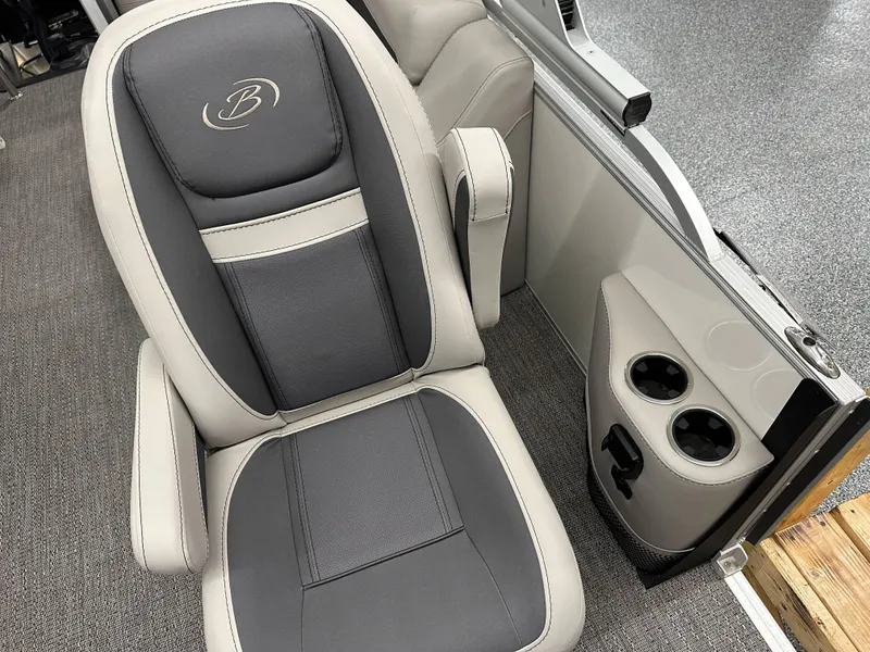 Slide: The Image of 2025 Barletta CABRIO 20QC boat seat with cup holders, featuring elegant gray and beige design. - 16