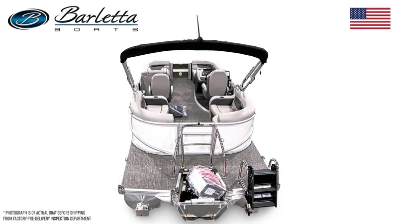 Slide: The Image of 2025 Barletta Cabrio 20QC pontoon boat, rear view, with seating and motor, USA flag. - 24