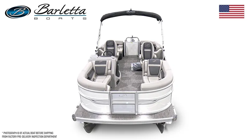 Slide: The Image of 2025 Barletta Cabrio 20QC pontoon boat, spacious seating, sleek design, American flag. - 27