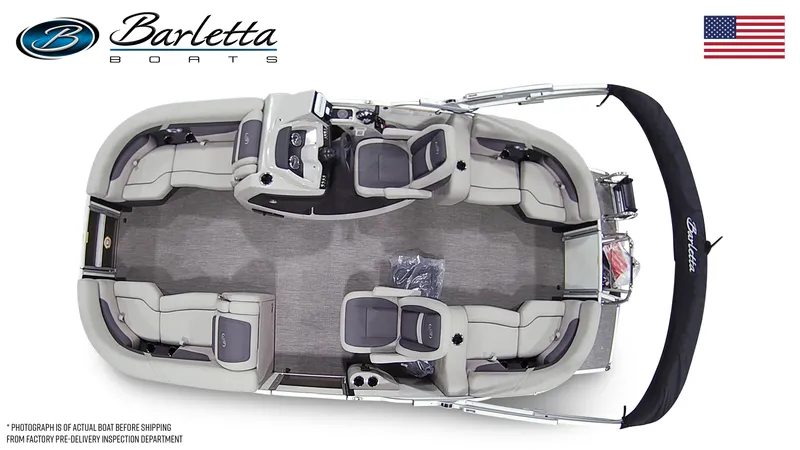 Slide: The Image of 2025 Barletta Cabrio 20QC pontoon boat, top view, spacious seating, elegant design. - 28