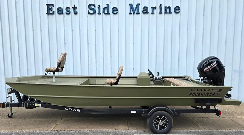 Slide: The Image of 2025 Lowe RX2070 boat with side console steering, displayed at East Side Marine. - 13