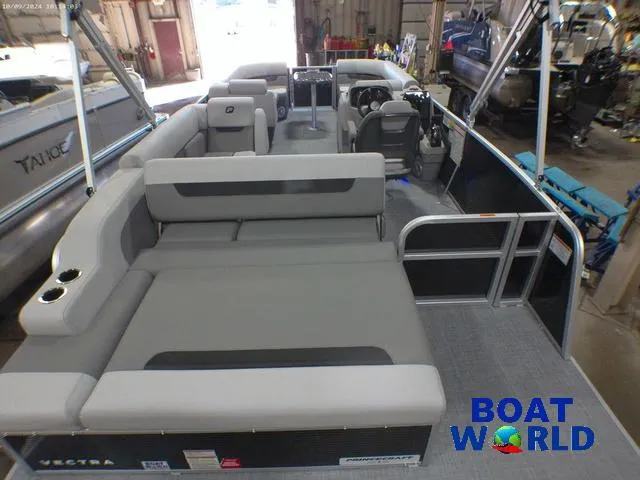 Slide: The Image of 2025 Princecraft Vectra 23 RL pontoon boat interior at Boat World showroom. - 7