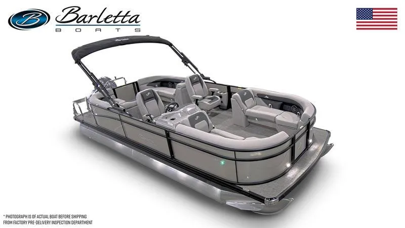 Slide: The Image of 2025 Barletta A22QC pontoon boat with sleek design and spacious seating. - 2