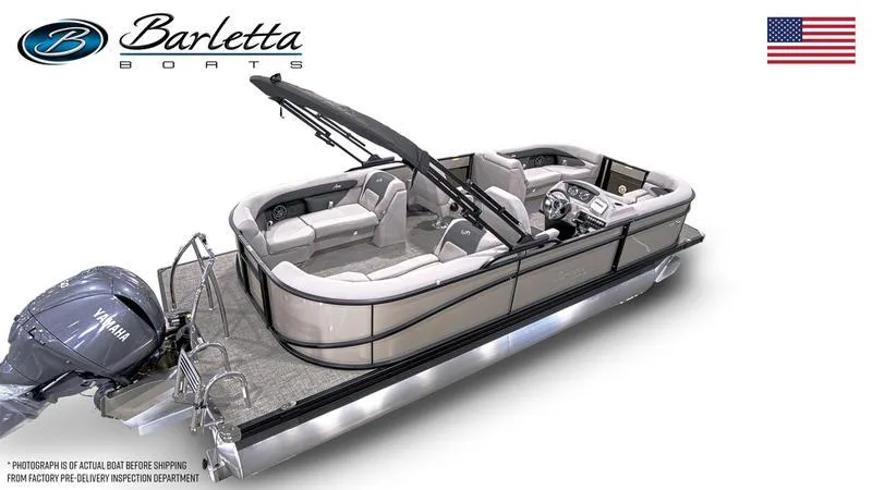 Slide: The Image of 2025 Barletta A22QC pontoon boat with Yamaha engine, luxury seating, and sleek design. - 3