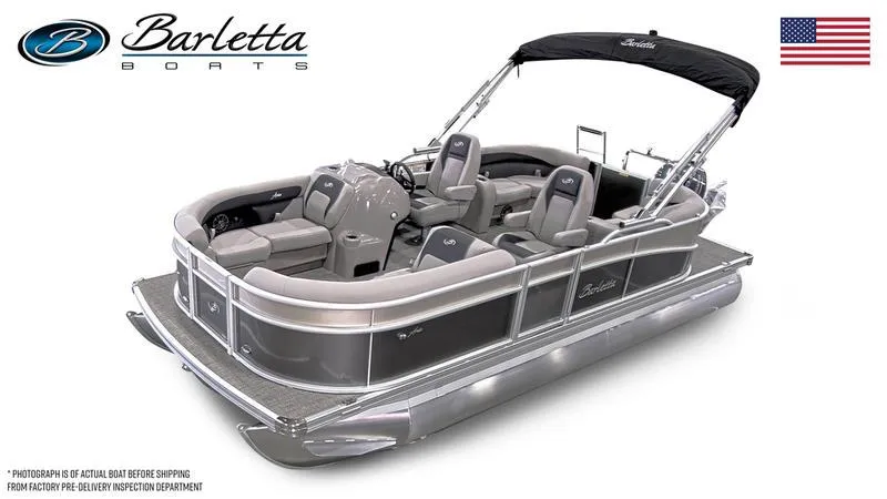 Slide: The Image of 2025 Barletta A20QC pontoon boat with sleek design and comfortable seating. - 2