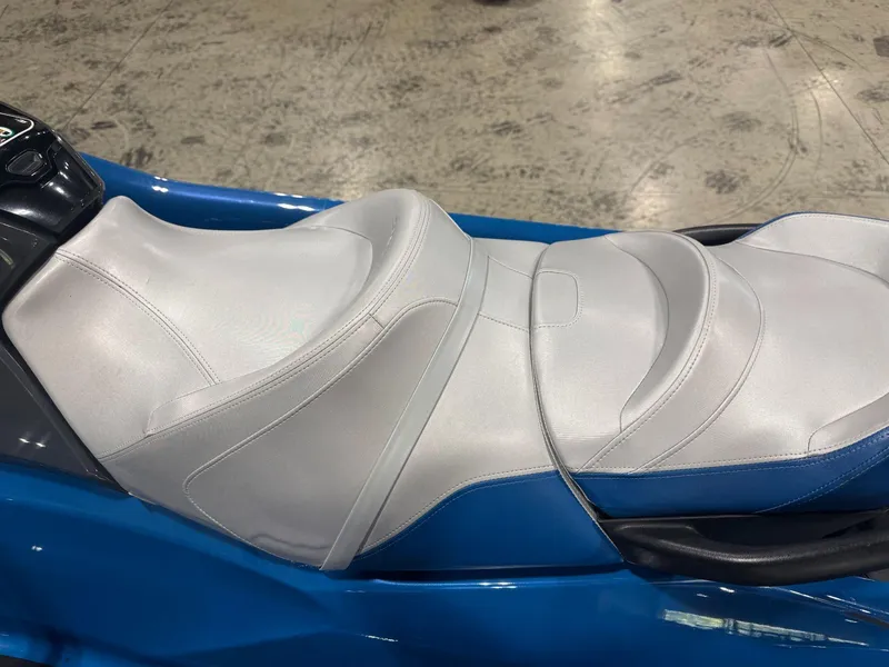 Slide: The Image of 2020 Sea-Doo GTX 230 jet ski seat, blue and white design. - 6