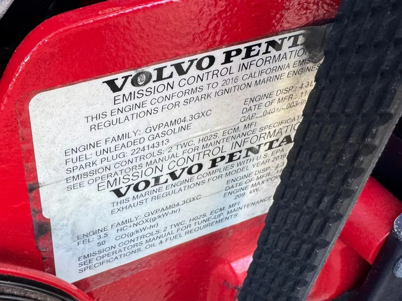 Slide: The Image of Volvo Penta engine emission control label on a 2017 Cobalt 220S boat. - 22