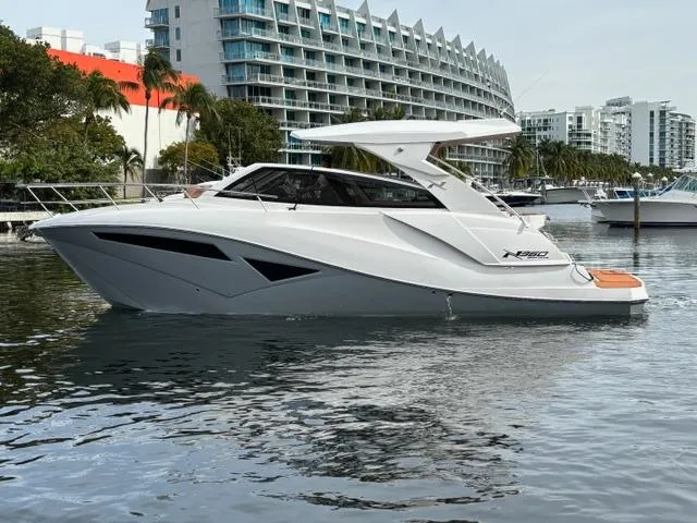 Slide: The Image of 2023 NX Boats 360 yacht on a calm waterfront with modern buildings. - 3
