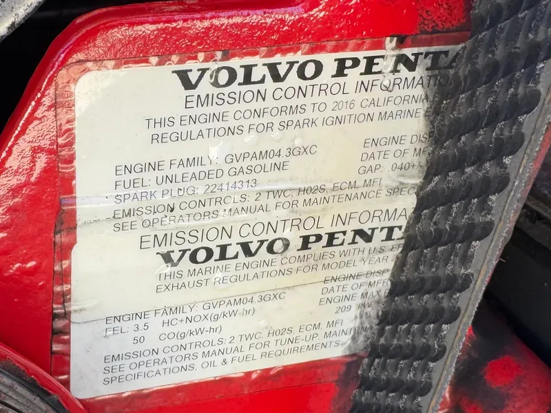 Slide: The Image of Volvo Penta emission control label on a 2017 Cobalt 220S engine. - 27