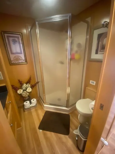 Slide: The Image of Bathroom in 2000 Sumerset 18x85 Houseboat with shower, toilet, and decor. - 12