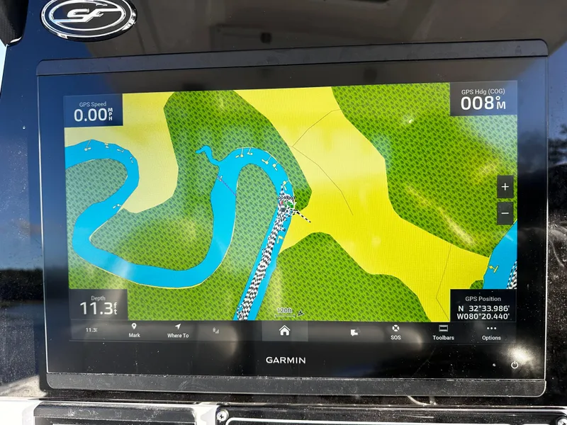 Slide: The Image of Garmin navigation display on 2025 Sea Fox 328 Commander boat, showing river map and GPS data. - 10