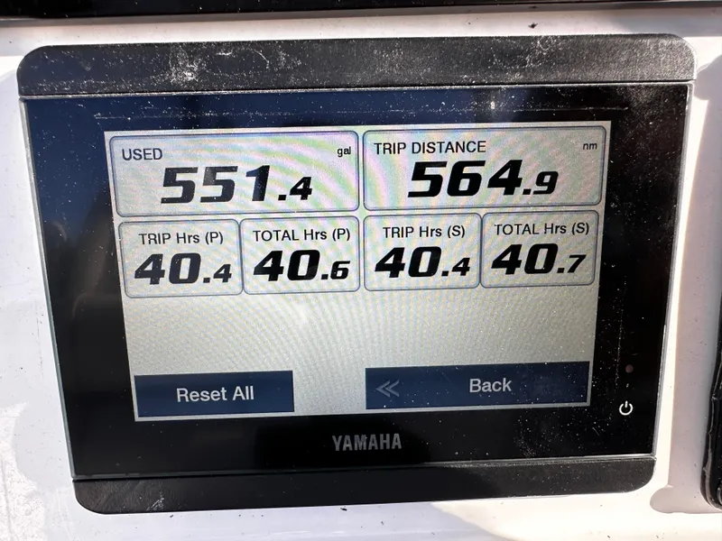 Slide: The Image of Yamaha display showing fuel usage and trip data for Sea Fox 328 Commander, 2025 model. - 12