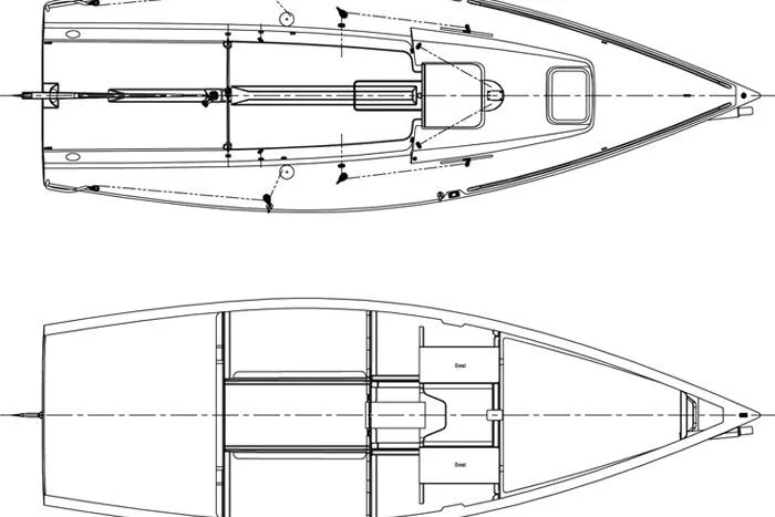Slide: The Image of Blueprint of 2026 J Boats J/70 sailboat, showcasing top and side views. - 6