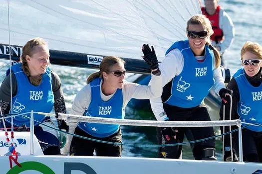 Slide: The Image of Team KDY sailing J Boats J/70, 2026 model, in competitive race. - 9