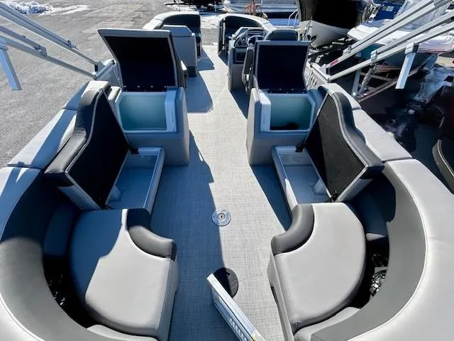 Slide: The Image of 2024 Berkshire 23RFX STS 2.75 pontoon boat interior with spacious seating and storage. - 10
