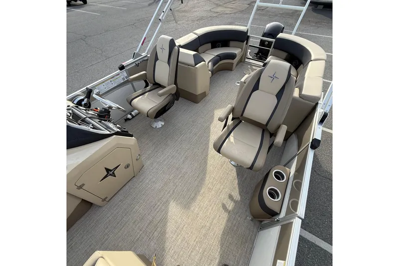 Slide: The Image of 2024 Berkshire 23RFX STS pontoon boat interior with luxurious seating and modern design. - 19