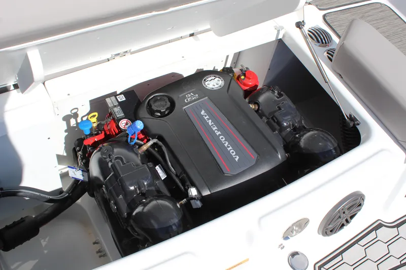 Slide: The Image of 2025 Four Winns HD3 boat engine compartment with Volvo Penta engine. - 20