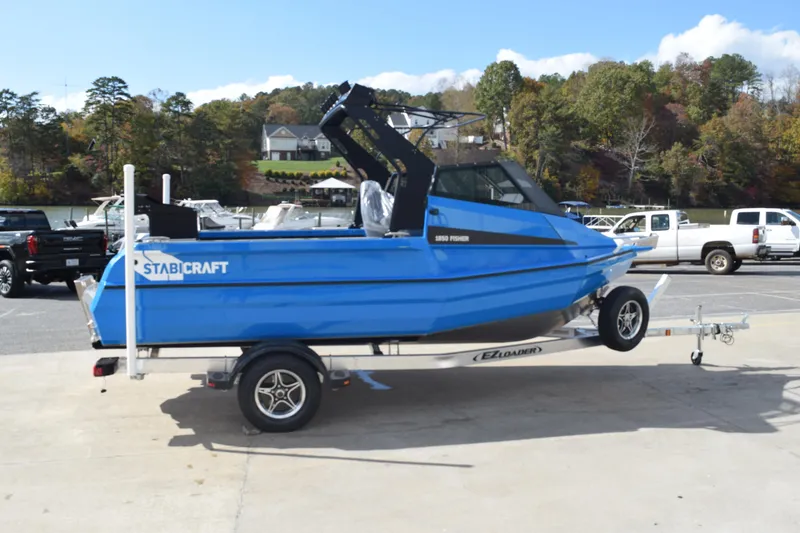Slide: The Image of 2024 Stabicraft 1850 Fisher Sportfish boat on trailer, blue exterior, parked outdoors. - 1