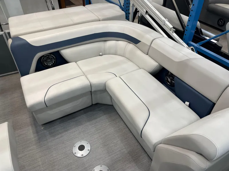 Slide: The Image of Luxurious seating on 2025 Godfrey Sweetwater 2086 C pontoon boat, featuring plush upholstery. - 9