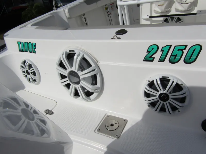 Slide: The Image of 2022 Tahoe 2150 CC boat speakers and deck detail. - 29
