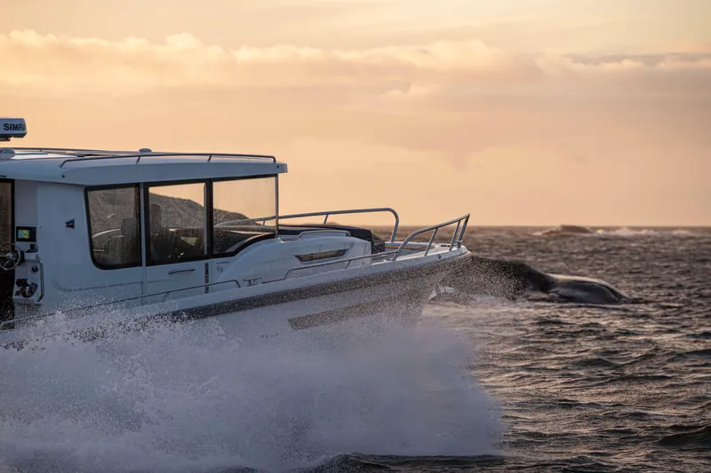 Slide: The Image of Nimbus C11 boat cruising at sunset with ocean waves splashing, 2025 model. - 9