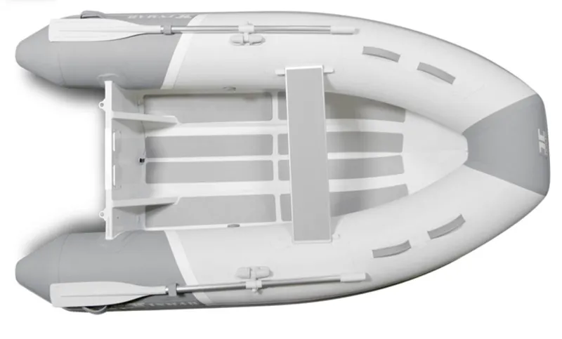 Slide: The Image of 2023 Inmar Aluma Lite 280R inflatable boat, top view, gray and white design. - 3