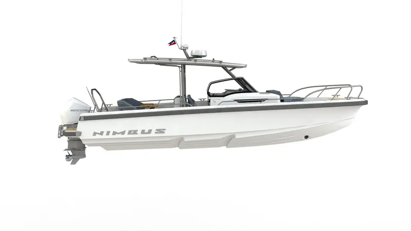 Slide: The Image of 2024 Nimbus Tender 9 boat, sleek design, side view, white background. - 12