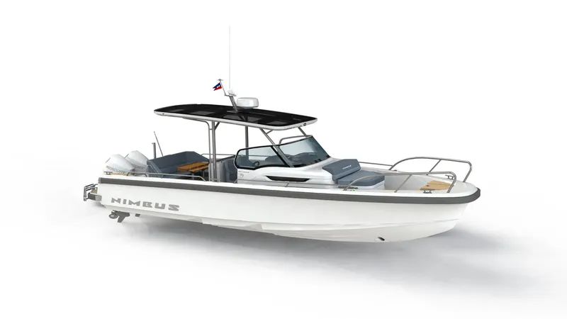 Slide: The Image of 2024 Nimbus Tender 9 boat, sleek design, white hull, modern features. - 13