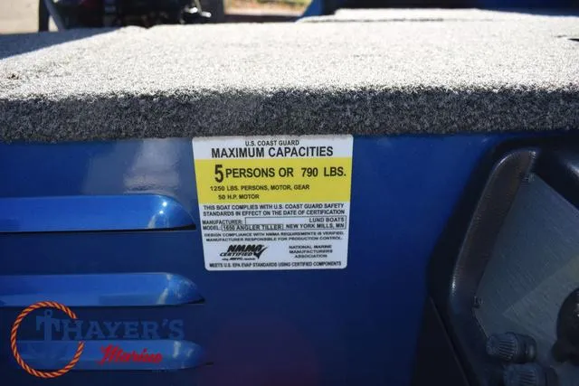 Slide: The Image of 2024 Lund 1650 Angler Tiller boat capacity label, maximum 5 persons or 790 lbs. - 19