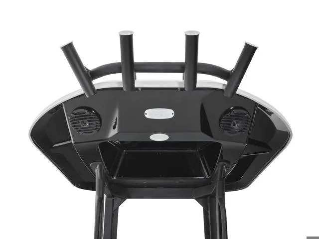 Slide: The Image of 2025 Yamaha Boats 222 FSH Sport E, sleek black design, rod holders, and speakers. - 21