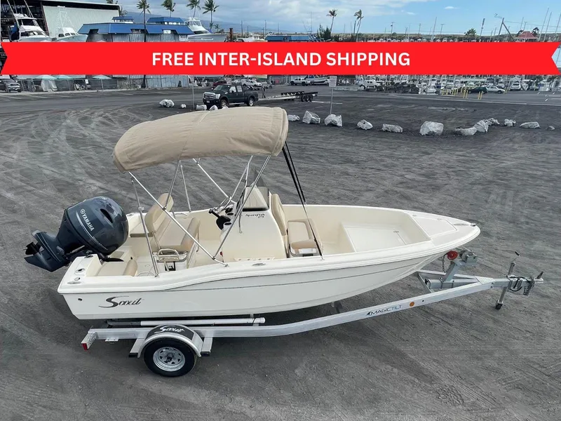 The Image of 2024 Scout 175 Sportfish boat on trailer, featuring free inter-island shipping offer. - 0