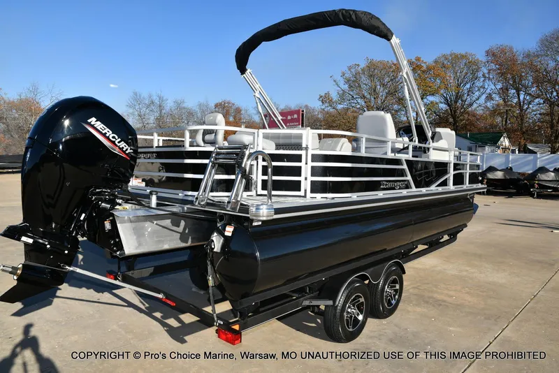 Slide: The Image of 2024 Ranger 220F pontoon boat with 150HP Mercury 4 Stroke engine on trailer. - 13