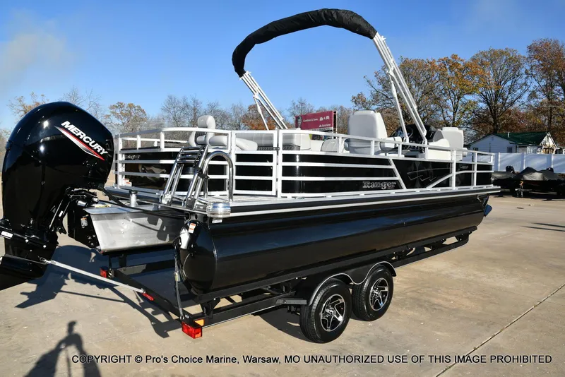 Slide: The Image of 2024 Ranger 220F pontoon boat with 150HP Mercury 4 Stroke engine on trailer. - 14